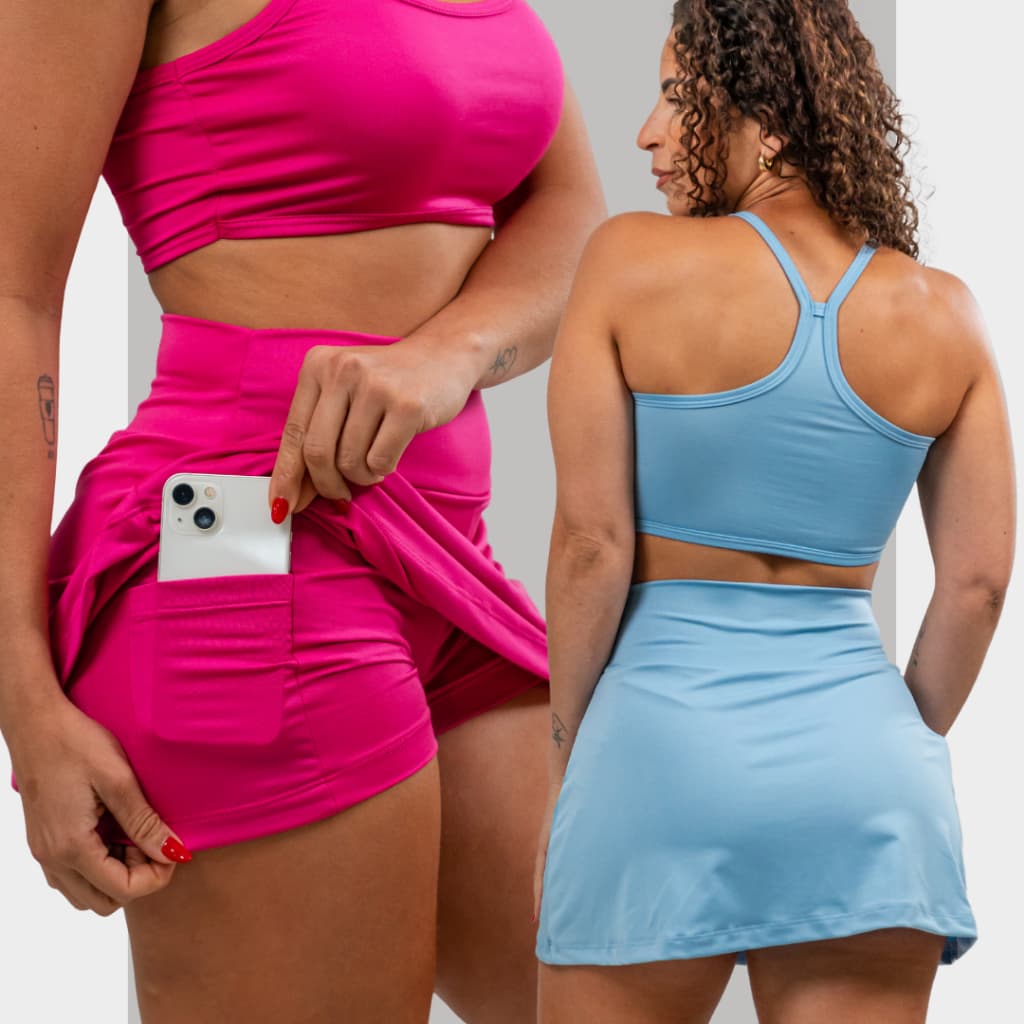 KIT 2 peças Short Saia Fitness Com Bolso Lateral pra Celular/Chave/fone Academia