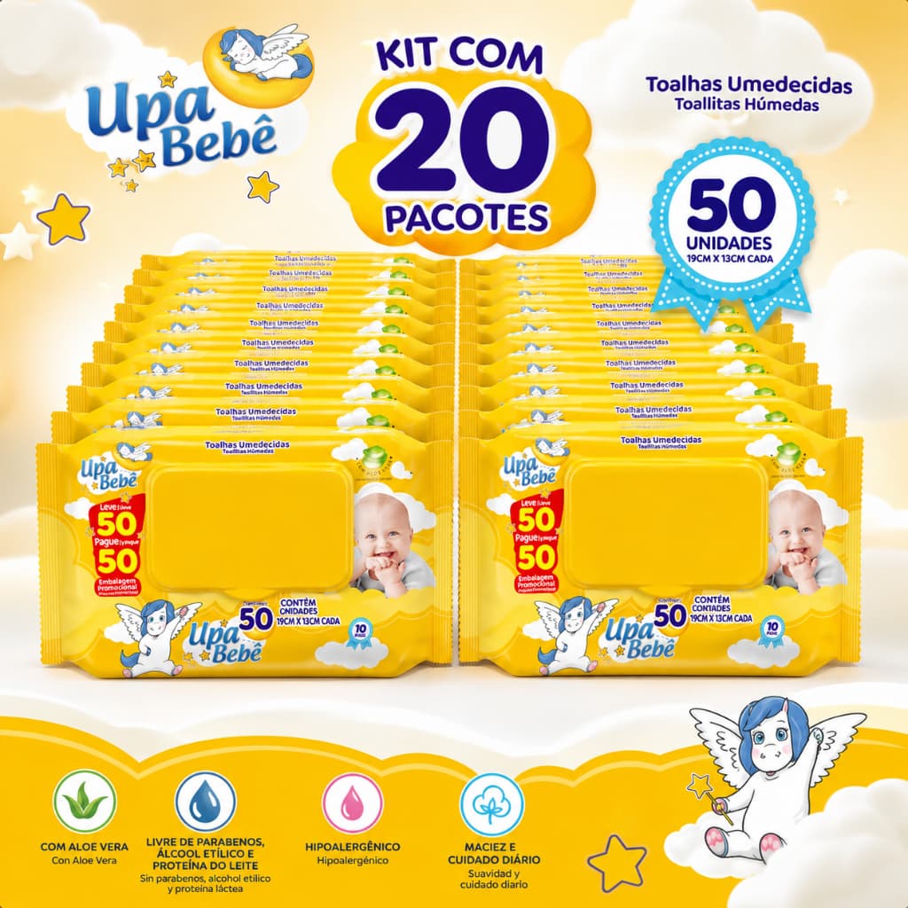 Kit Lenço Umedecido Upa Bebê Infantil 1000 Unidades Higiene Bebê