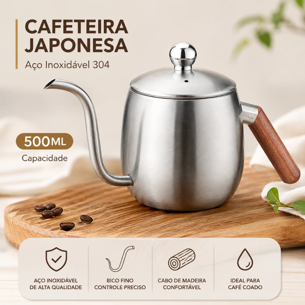 Cafeteira Italiana em Aço Inoxidável 500ml | Cabo de Madeira | Para Fogão a Gás e Elétrico | Café Expresso Caseiro