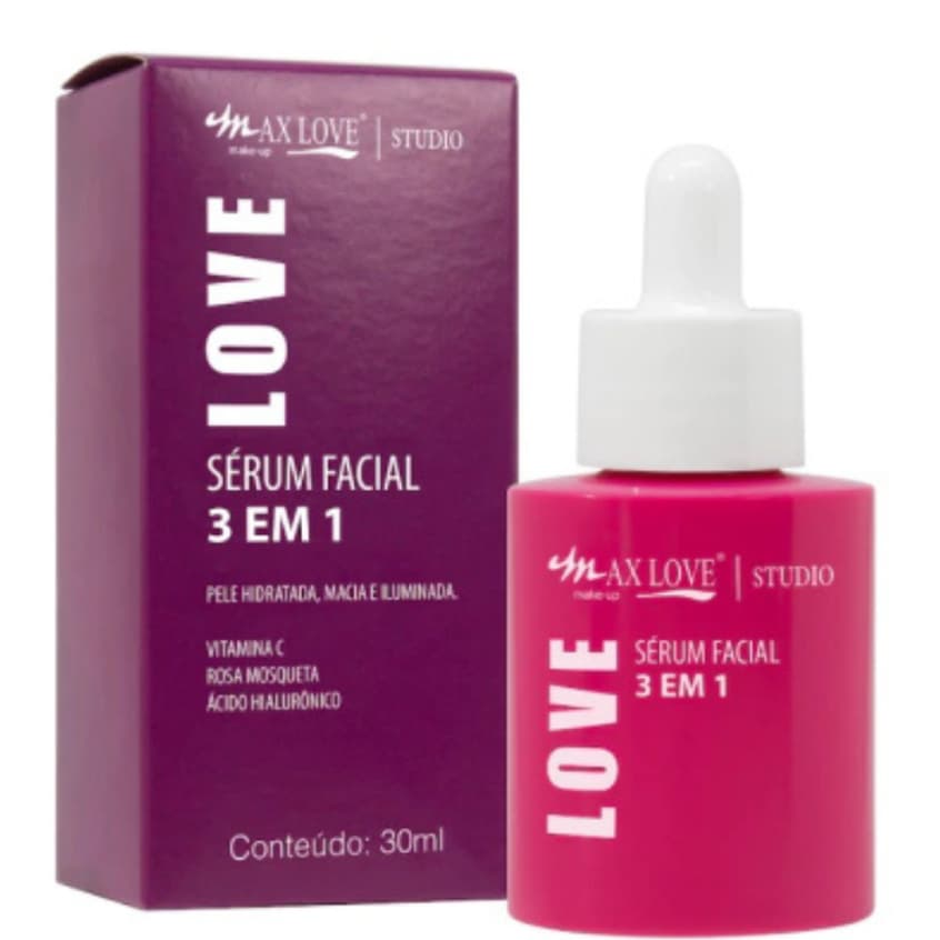 Sérum Facial 3 em 1 Max Love 30ml Vitamina C Rosa Mosqueta Ácido Hialurônico Pele de Porcelana Glow