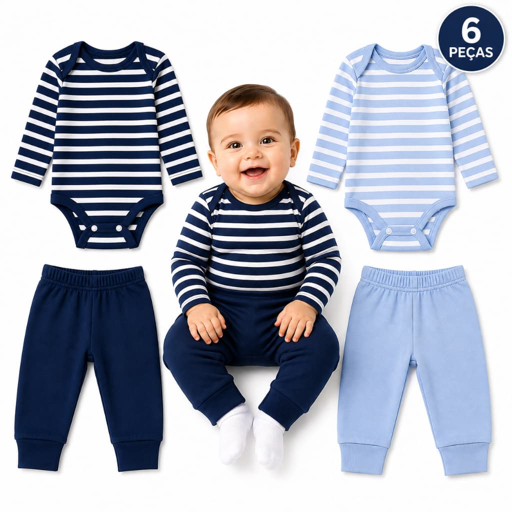 Kit 6 Peças Body Manga Longa + Calças Mijão Em Algodão Enxoval Bebê Menino