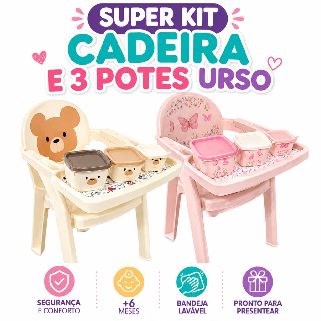 Cadeira de Alimentação Infantil + 3 Potes Bebê Safari Jardim Creme Refeição Segura
