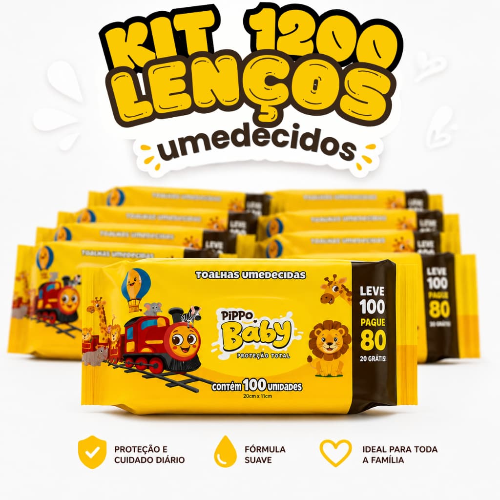 Kit 1200 Toalhas Umedecidas Pippo Baby 12 Pacotes Lenço Infantil Hipoalergênico Sem Álcool