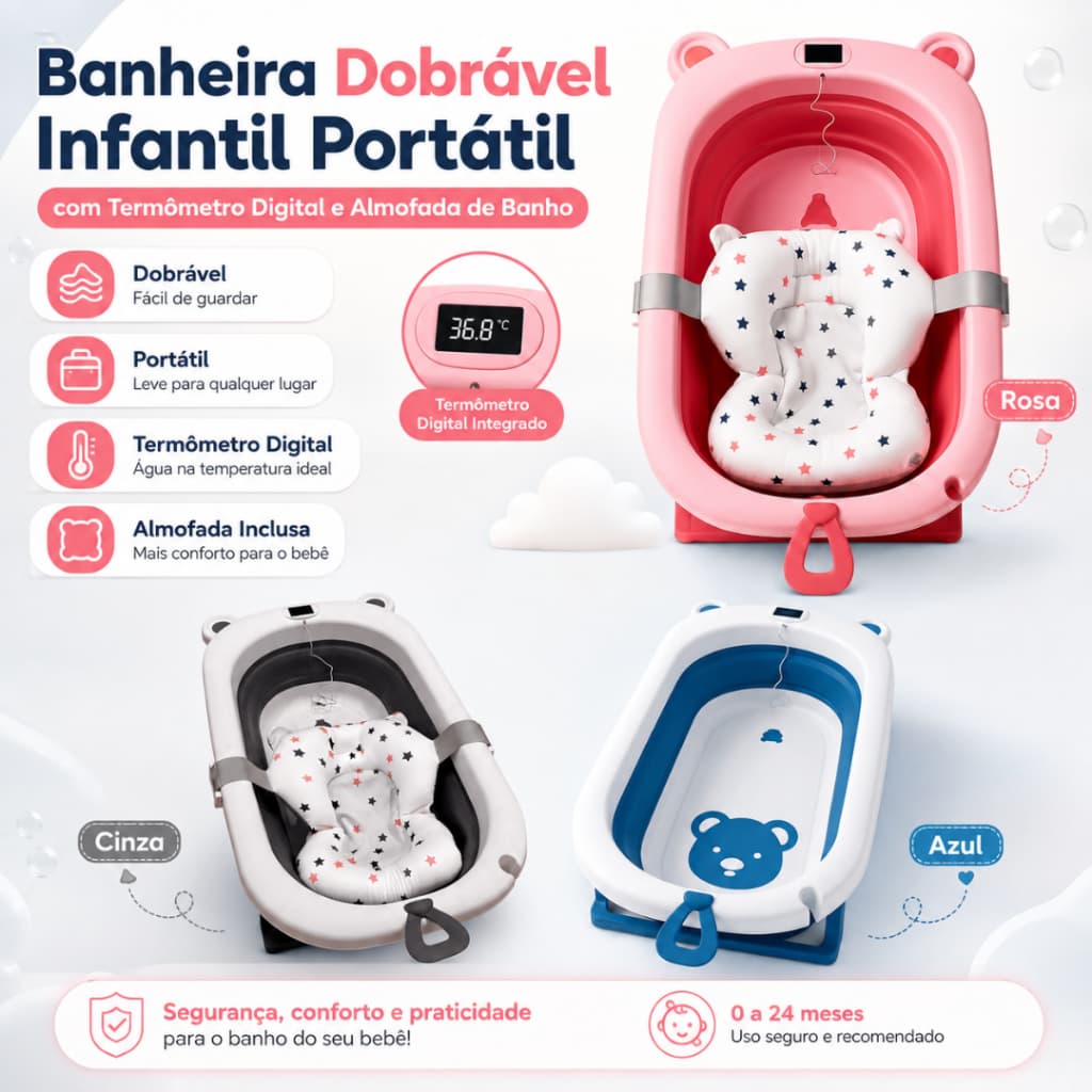 Banheira Dobrável Infantil Portátil com Termômetro Digital e Almofada de Banho  Segura e Prática para Bebê de 0 a 3 Anos
