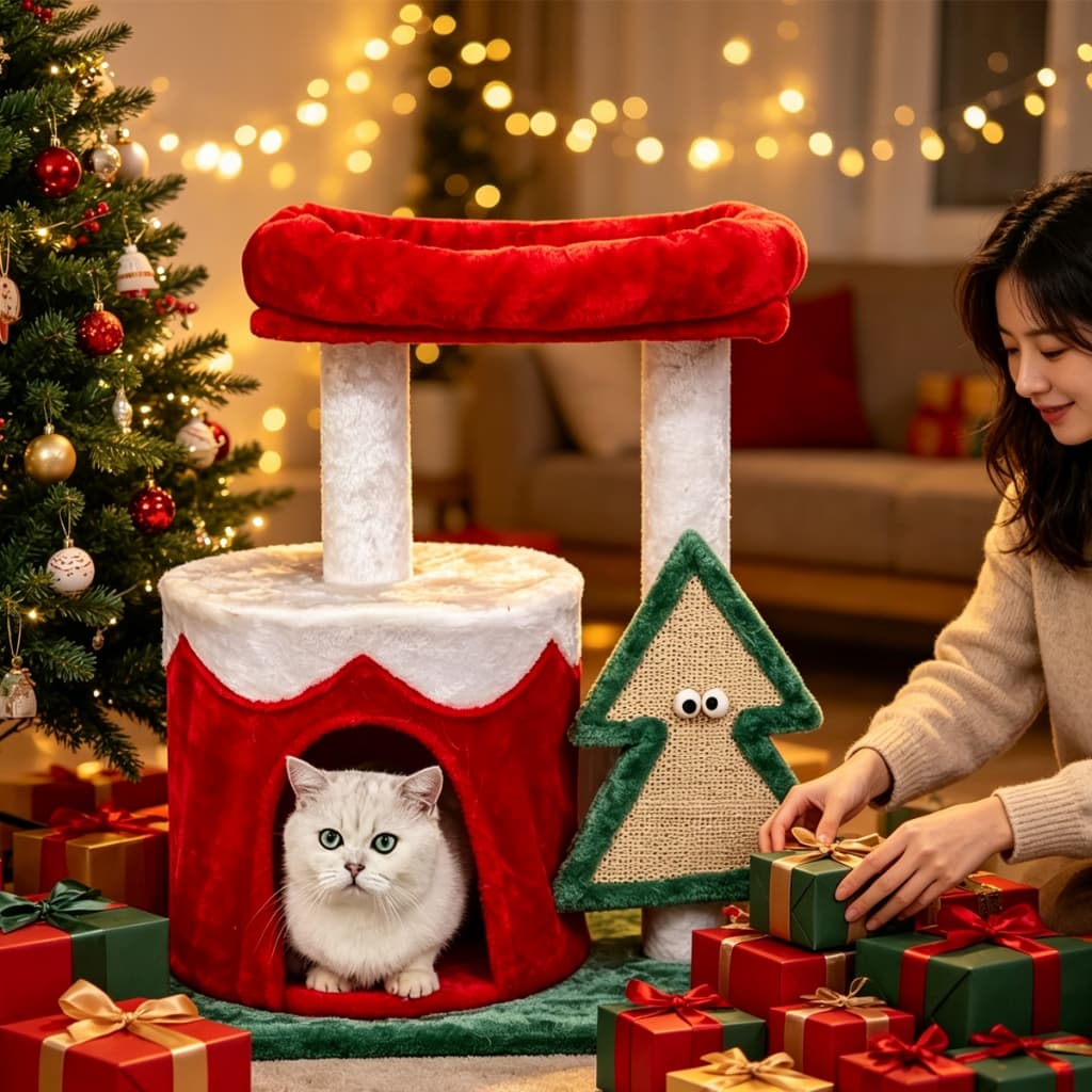 Casinha Cama Pet Macia Cachorro Gato Pelúcia Confortável, Arranhador Para Gatos Poste Duplo Com Casinha Tema Natal 60cm