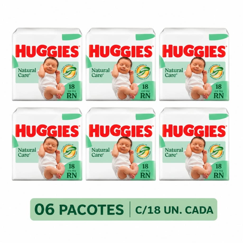 Fralda huggies natural care RN recém nascido com 6 pacotes