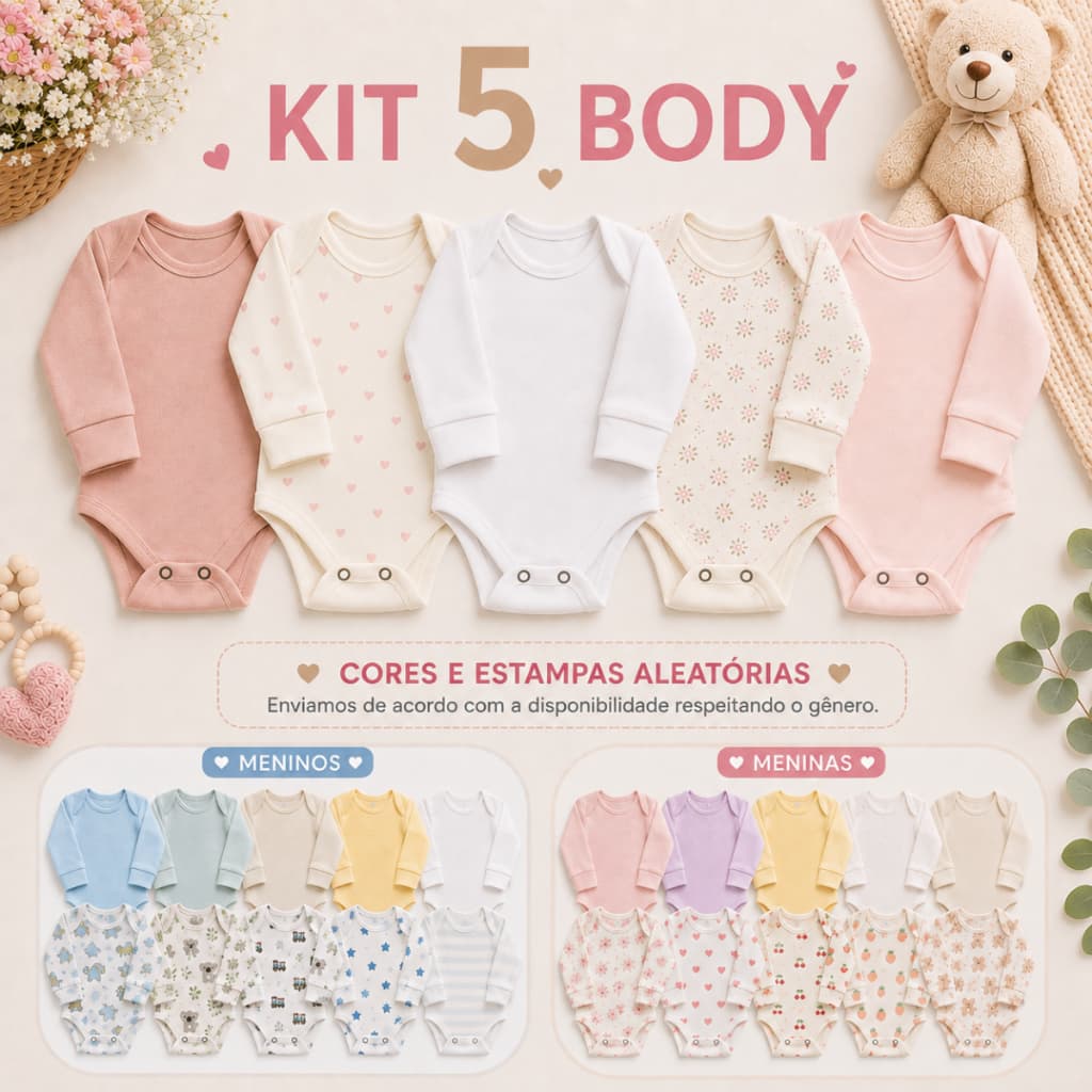Body Bebê Kit 5 Peças Manga Longa Menina e Menino
