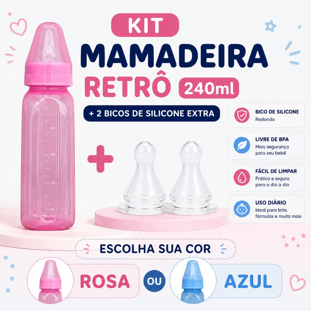 Kit 1 Mamadeira Retrô 240ml + 2 Bicos Extra De Silicone Redondo  Mamadeiras Na  Cor Rosa ou Azul Bebês