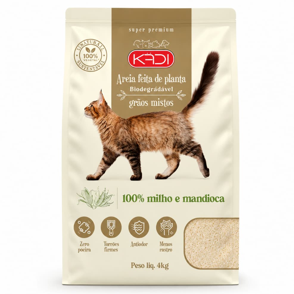 Areia Sanitária Kadi Biodegradável Grãos Mistos para Gatos 100% Vegetal Milho e Mandioca - 4kg