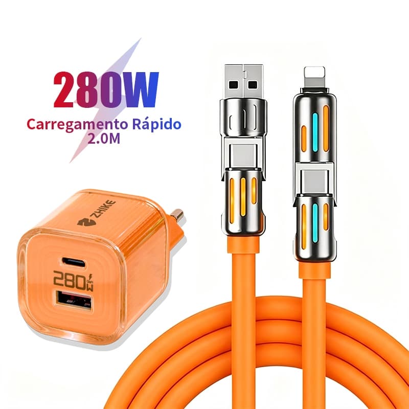 Cabo Celular Carregador Carregamento Rápido Redondo 4 em 1 USB Tipo C iP 2.0M Silicone Com Adaptador GaN