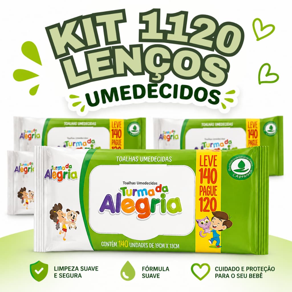 Kit 1120 Folhas Lenços Umedecido Turma da Alegria c/ 8 Pacotes Toalha Umedecida Bebê Higiene Infantil