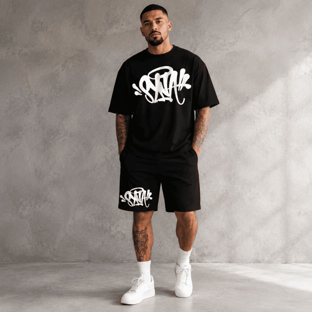 Conjunto Masculino Camiseta e Bermuda de Moletom Syna Hip Hop Streetwear Estilo Gringo Premium