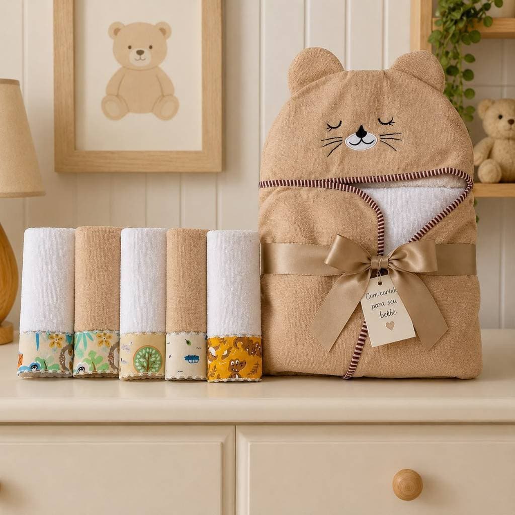 Kit Enxoval Bebê 6 Peças Toalha Capuz Carinha Bordada + 5 Toalhinhas Ombro Overloque