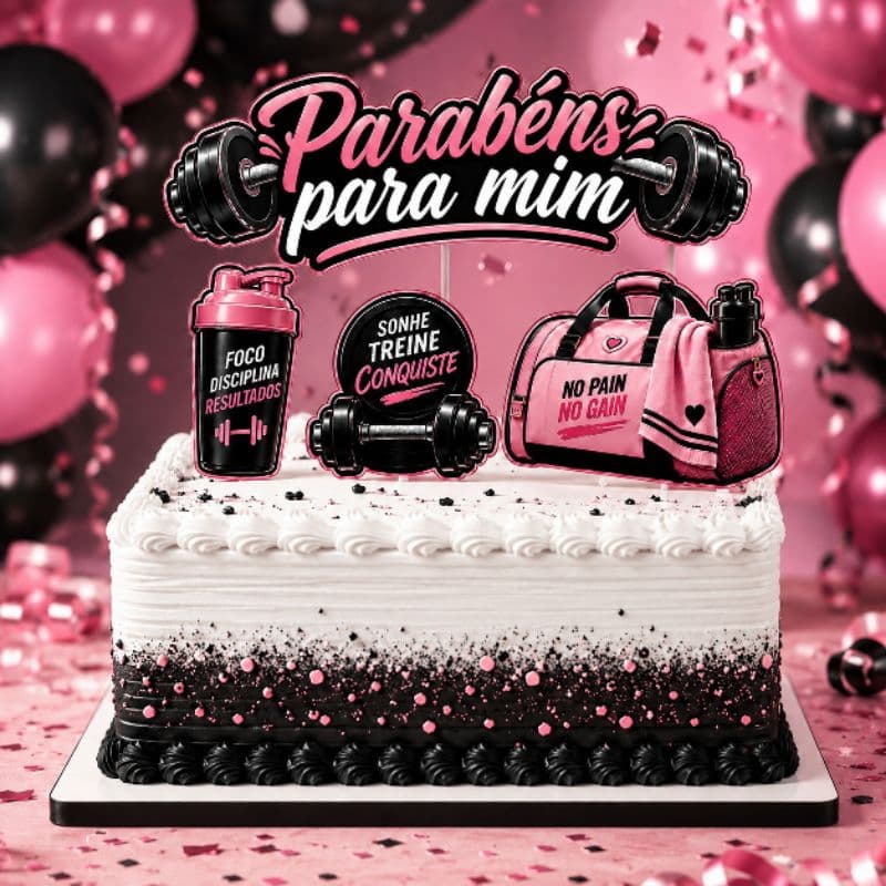 Topo de Bolo Tema  Academia Fitness Feminino Parabéns para Mim Aniversário Musculação Treino Halter Coqueteleira  Evento