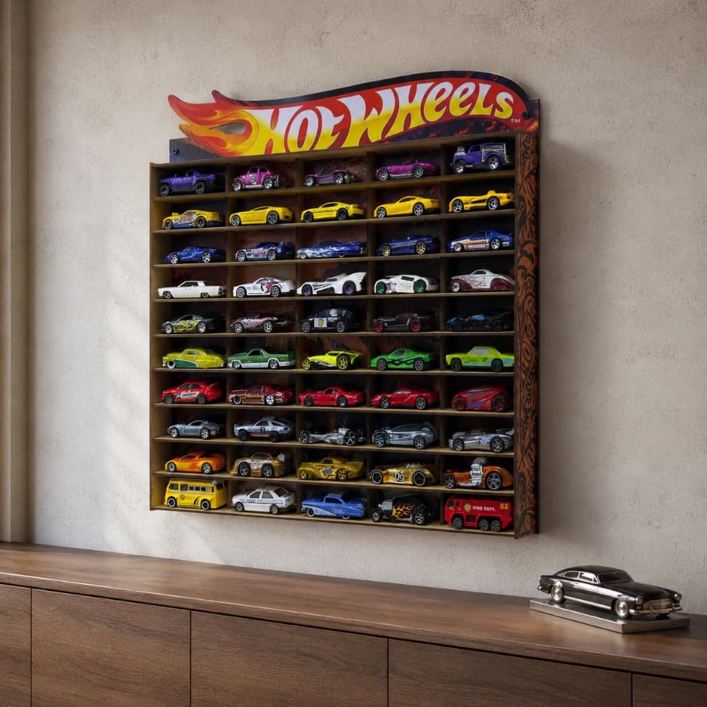 Suporte Carrinhos Hot Wheels Porta Carro Estante Prateleira Parede Coleção 50 Nichos Pequeno Adesivado Mdf