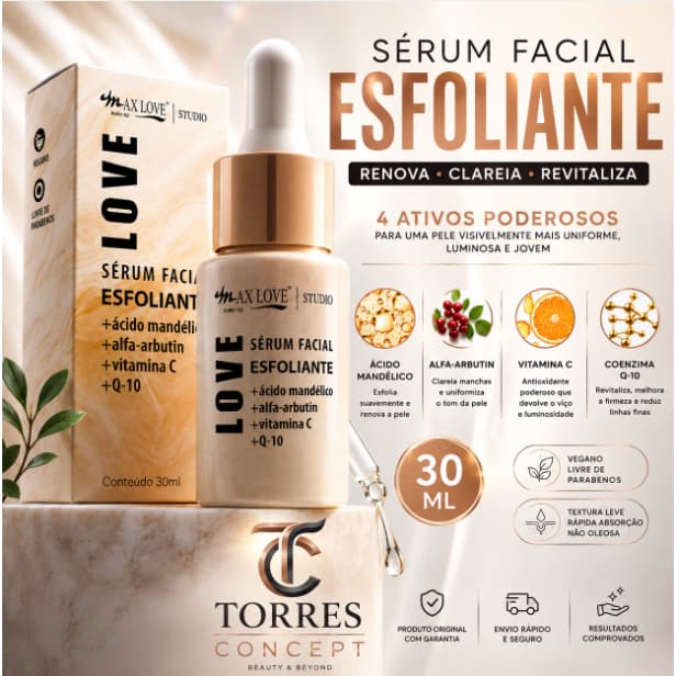 Serum Facial Esfoliante Clareador Manchas Max Love Acido Mandelico Alfa Arbutin Vitamina C Q10 30ml