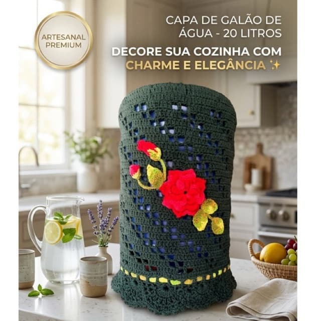 Capa Para Galão De Água 20l Em Crochê Artesanal Barbante Com Flor Bordada A Mão