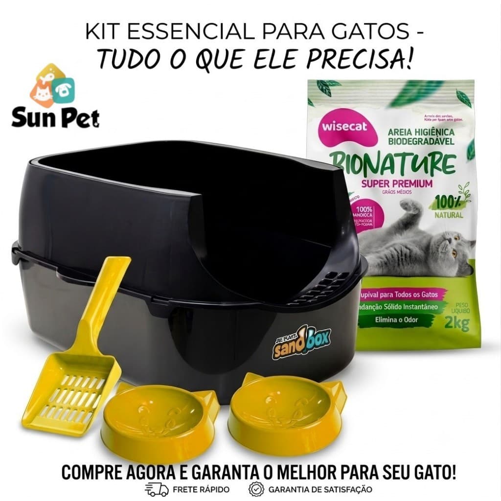Kit Caixa De Areia Para Gato Higiênico Sanitária Alta Completa + Areia Biodegradável Wisecat Bionature 2kg Grãos Médio