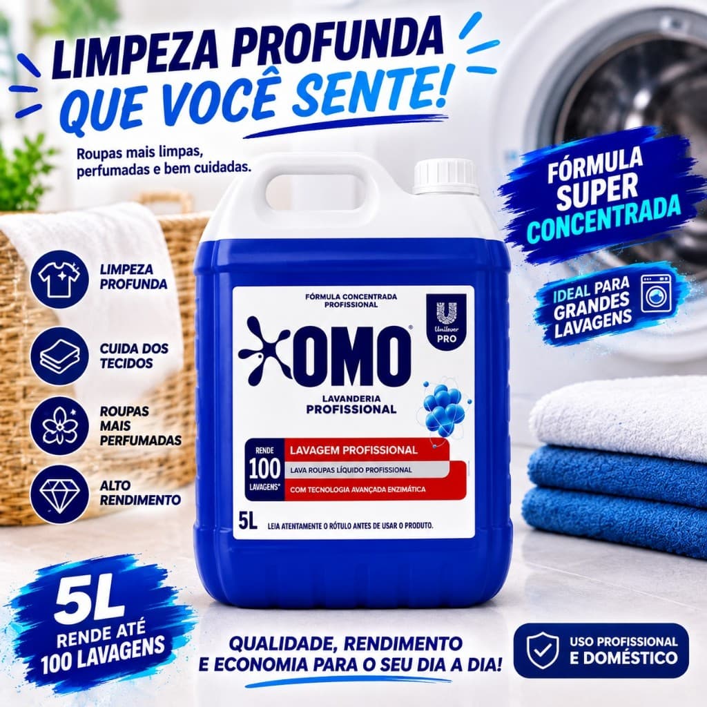 Sabão Líquido 5 Litros Grande Qualidade Lavagem Profissional Roupas mais Limpas e sem Manchas OMO para Lavanderias Casas