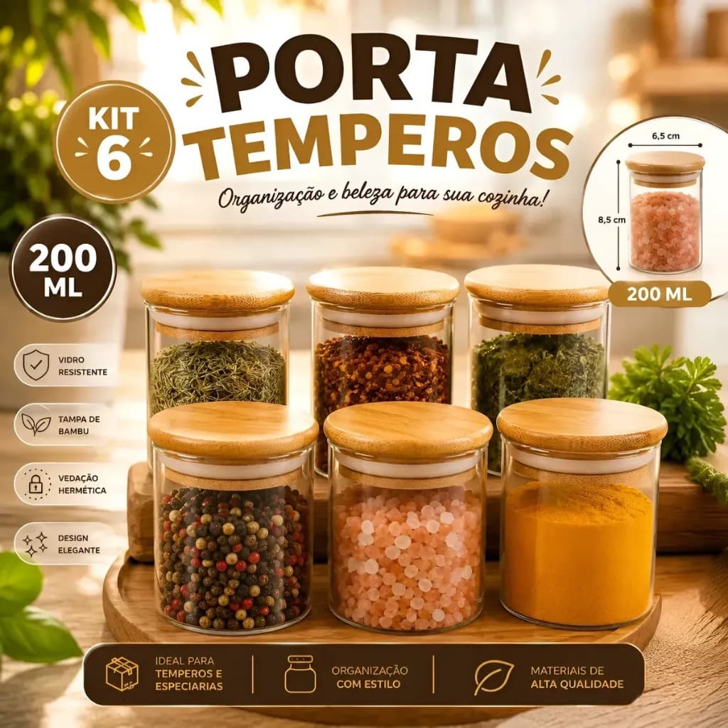 Kit 6 Potes de Vidro com Tampa de Bambu Hermético Mantimentos Condimentos Empilhaveis