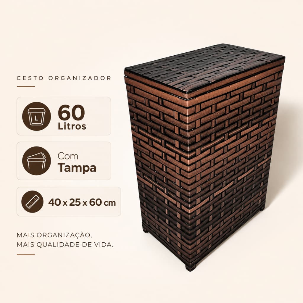 Cesto de Roupa Suja 60 Litros com Tampa Fibra Sintética Artesanal 40x25x60 Lavanderia Banheiro