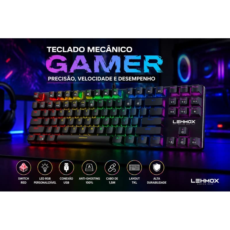 Teclado Mecânico Gamer USB RGB LED Switch Red Preto para PC Notebook