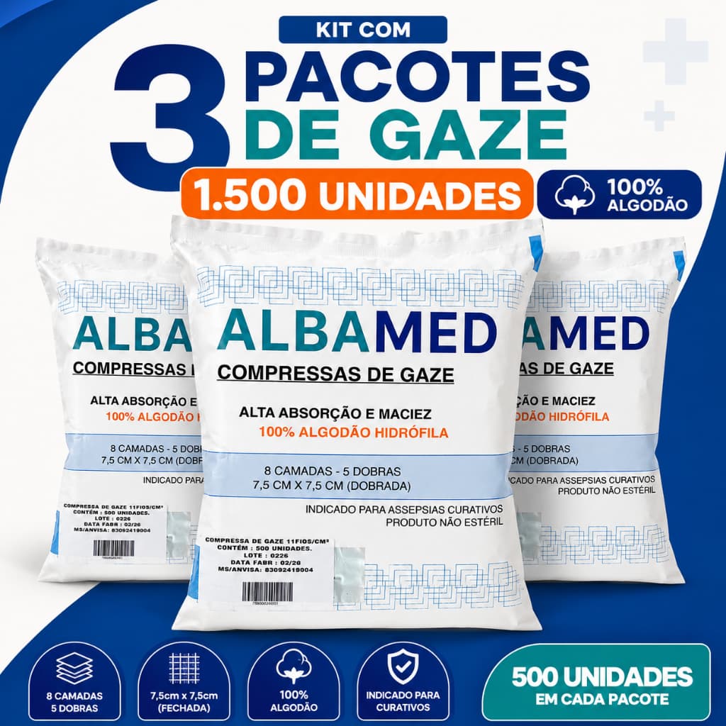 Kit 3 Pacotes Compressas de Gaze 1500 Unidades 100% Algodão 09 11 ou 13 Fios