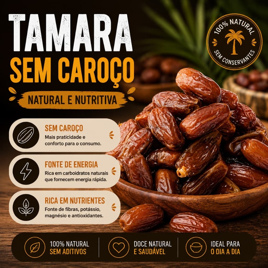 Tâmara Sem Caroço Granel-500g-1kg Snack Puro e Desidratado Rico em Nutrientes Doce Natural e Saudável