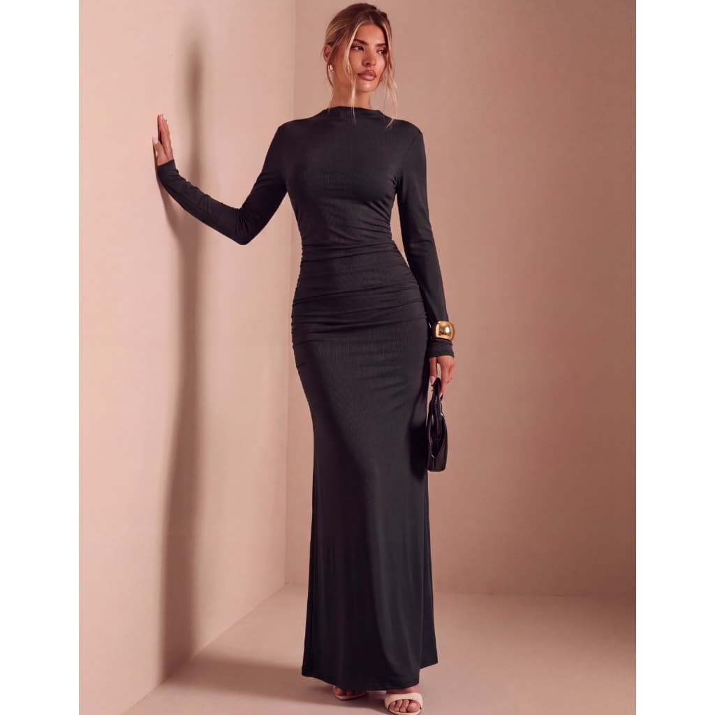 Vestido Longo Feminino Moda Gringa Franzido Nas Laterais Manga Longa Suplex Elegante Festa Casamento