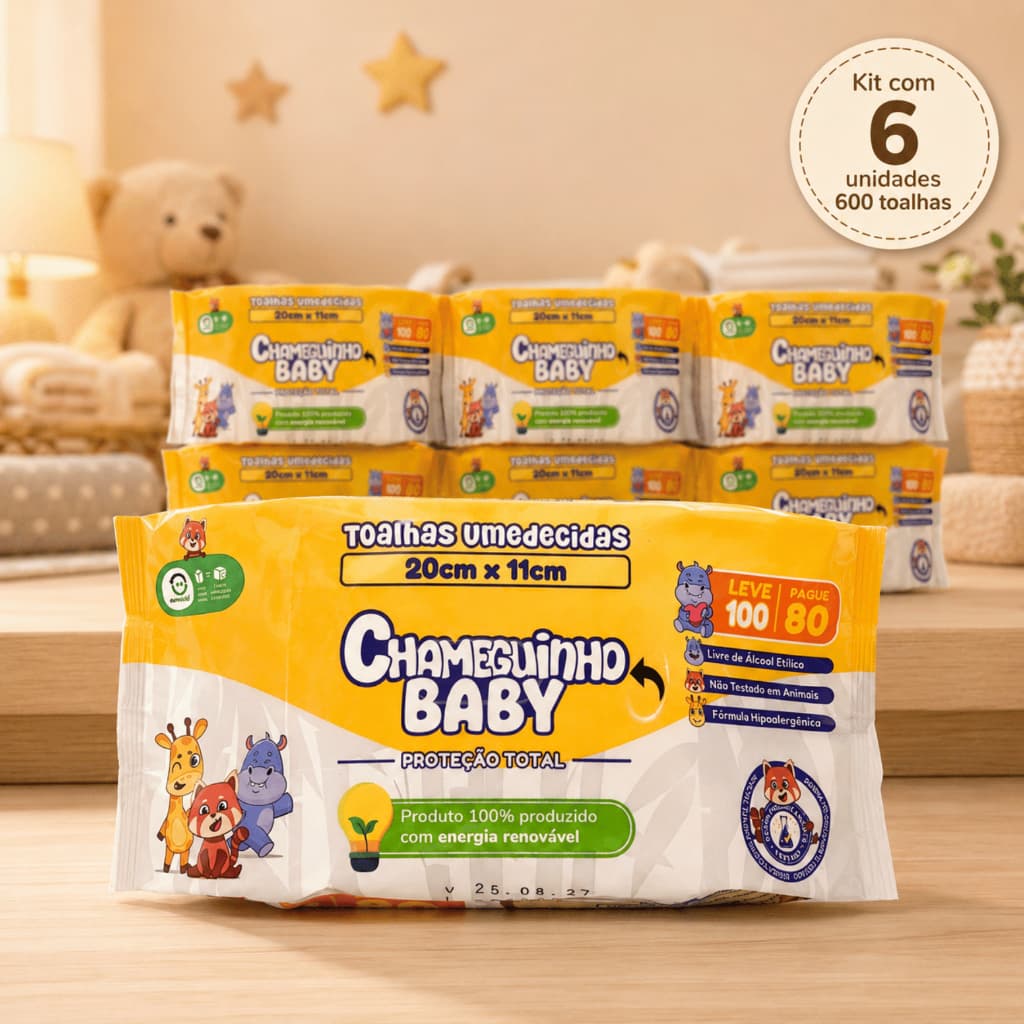 Kit 600 Lenços Umedecidos Chameguinho Baby Sem Álcool Toalhas para Bebê Higiene Infantil