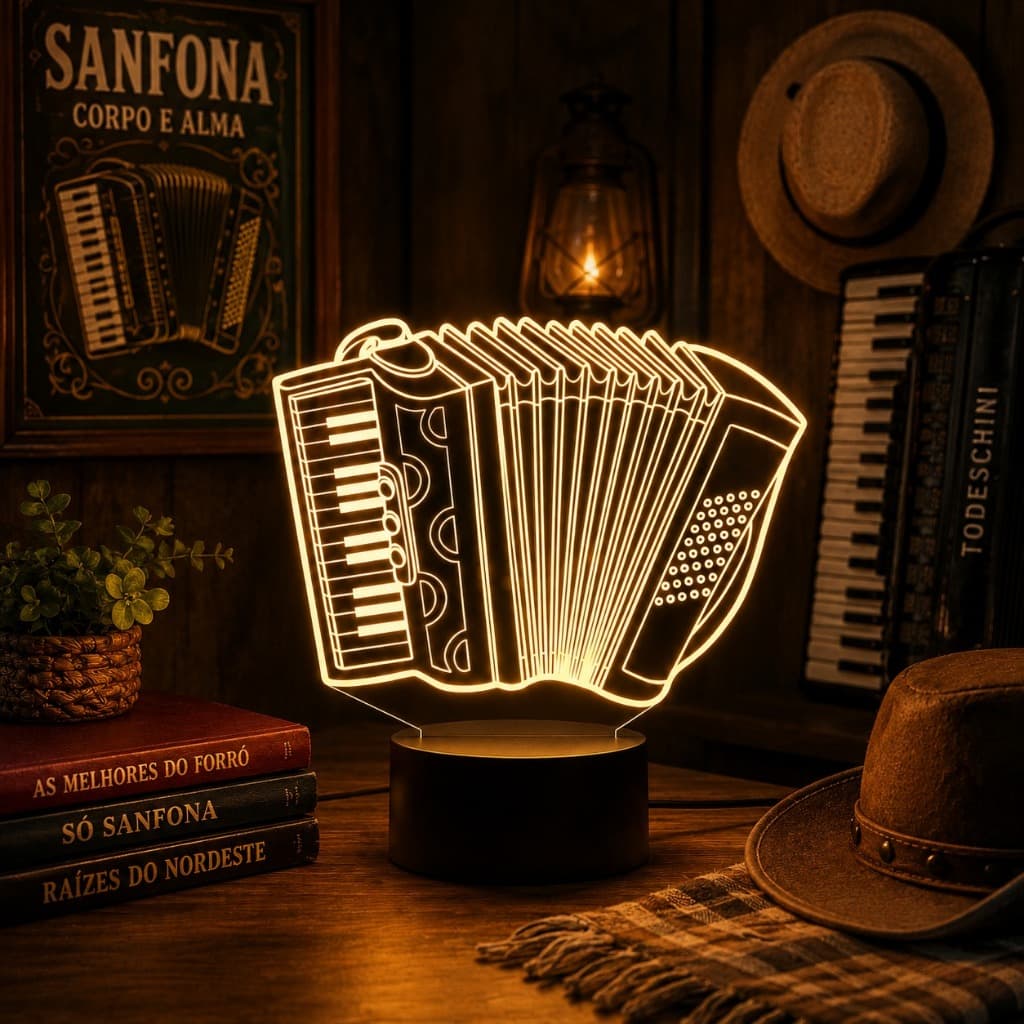 Luminária Led 3d | Sanfona Música | Abajur Presente Criativo Decoração Multicores