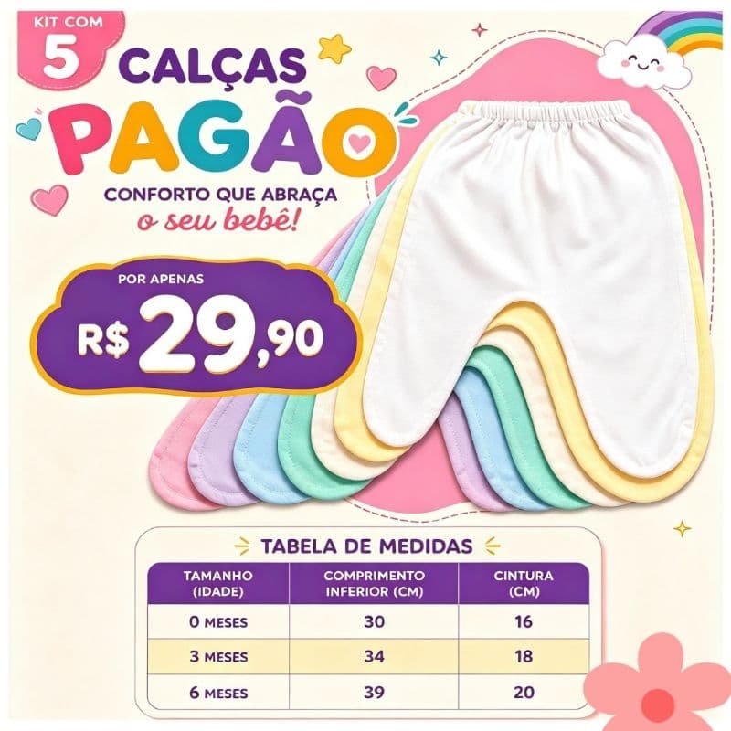 kit com 5 pagão, mijãozinho, calça de pé para bebês, enxoval presente para gravidas, recém nascido