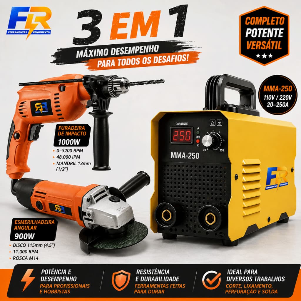 Esmerilhadeira lixadeira Angular +Furadeira De Impacto+Máquina de Solda Inversora de solda 220V/110V MMA-250