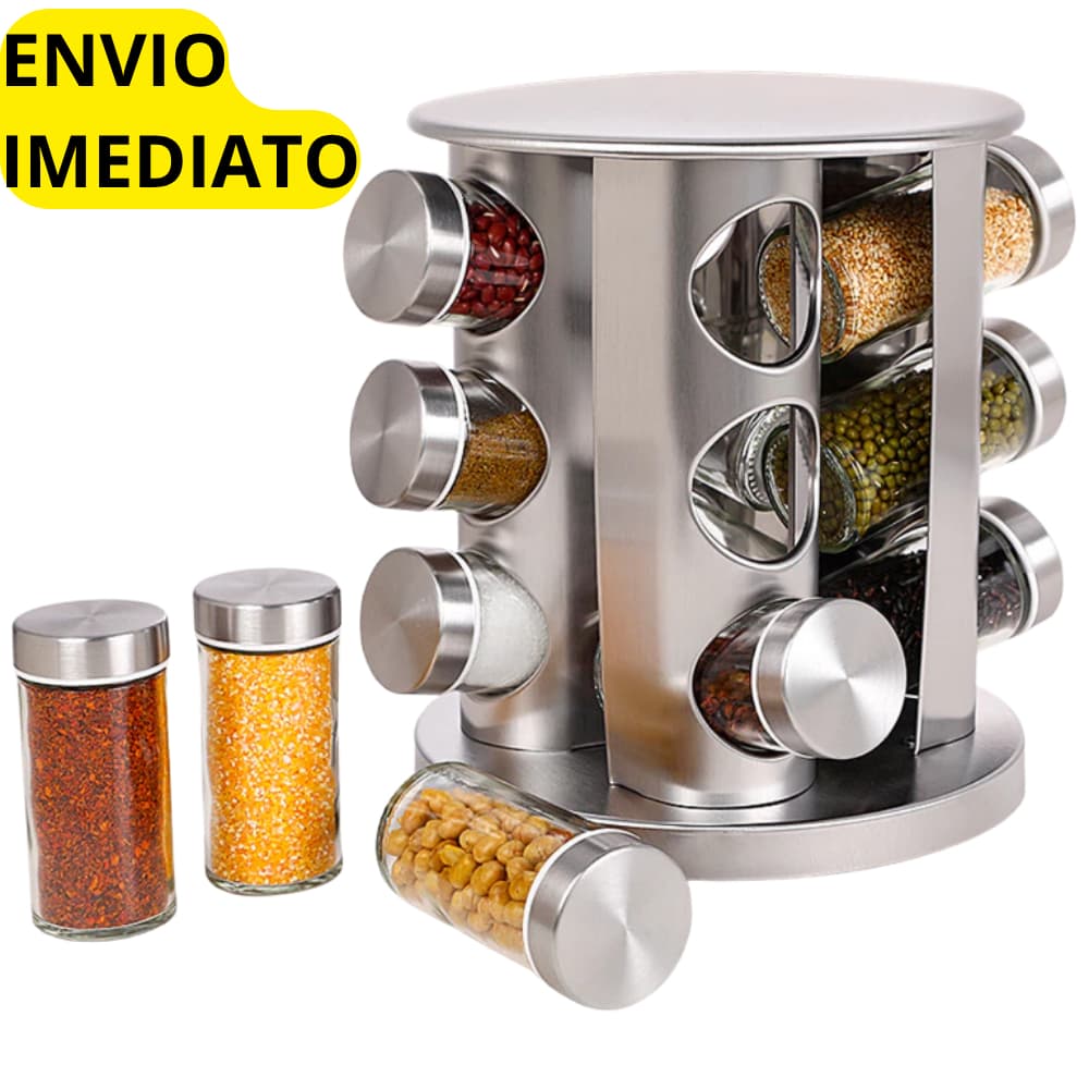 Porta Tempero Giratório 360 Inox 12 Potes Vidro Condimentos Organizador Temperos Cozinha Gourmet