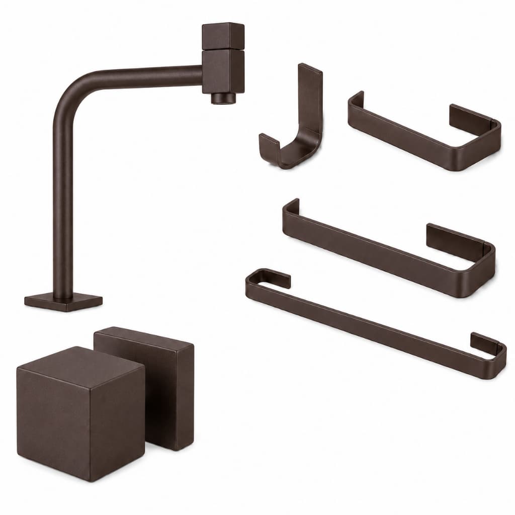 KIT COMPLETO PARA BANHEIRO LUXO, TORNEIRA CUBA MARROM TODA EM METAL + KIT 4 PEÇAS + ACABAMENTO QUADRADO TODO EM METAL