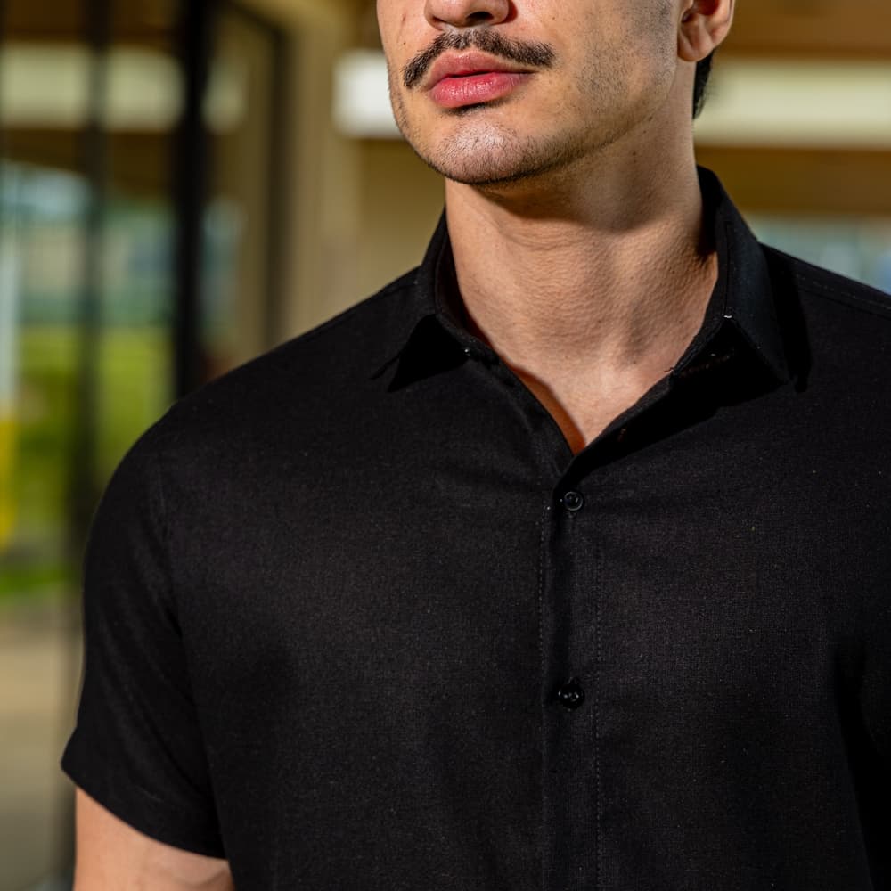 Camisa Social Masculina Linho Slim Fit Manga Curta Simples Casual