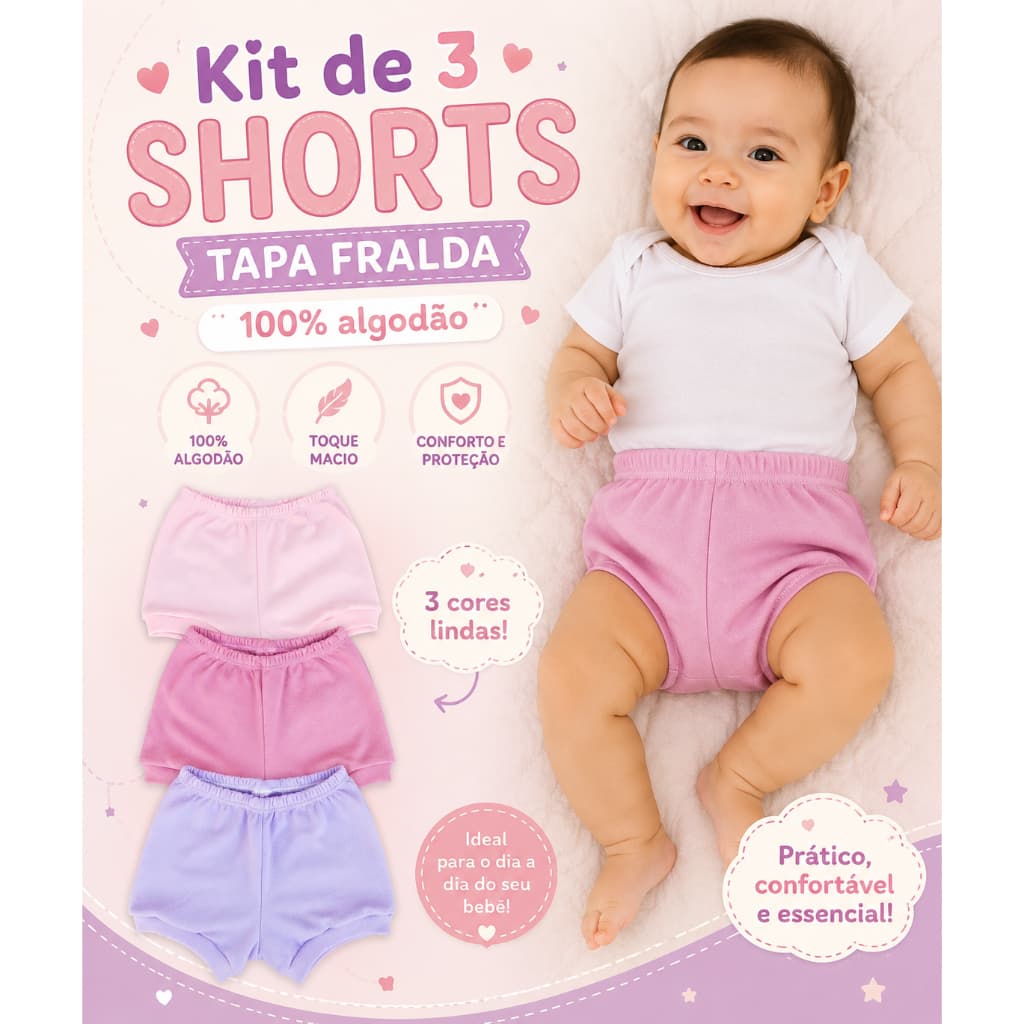 kit 3 Shorts Shortinho para Bebê em Malha 100% Algodão  Enxoval Maternidade