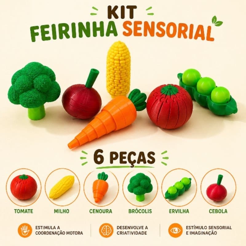 Brinquedo Sensorial - Kit Feirinha Infantil 6 peças interativas/ Montessori/ Articulados | Brinquedo Educativo