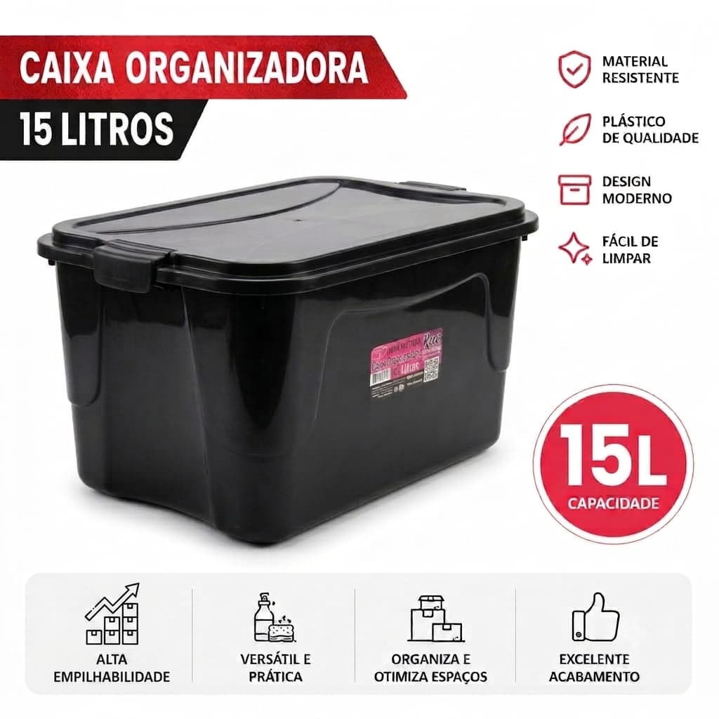 Caixa Organizadora 15 Litros Com Tampa Plástica Multiuso Organizador Resistente Para Closet Cozinha Quarto Lavanderia