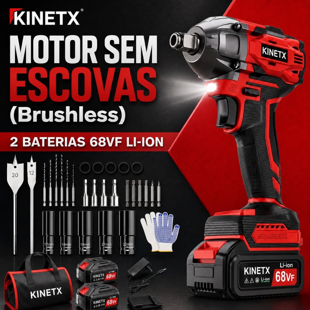 Chave de Impacto Elétrica 780NM Brushless 2 em 1 Parafusadeira Sem Fio + 2 Baterias + Kit Completo KINETX