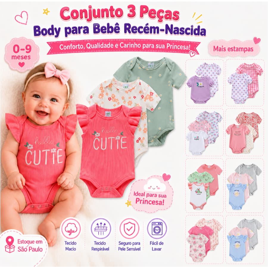 Conjunto 3 Bodies Bebê Menina Manga Curta Floral Babado Estampado Roupa Recém-Nascida 0 a 9 Meses