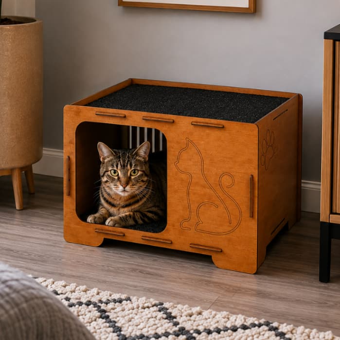 Casinha Para Gato Em MDF Com 2 Tapetes Arranhadores Toca Pet 45x30x30cm