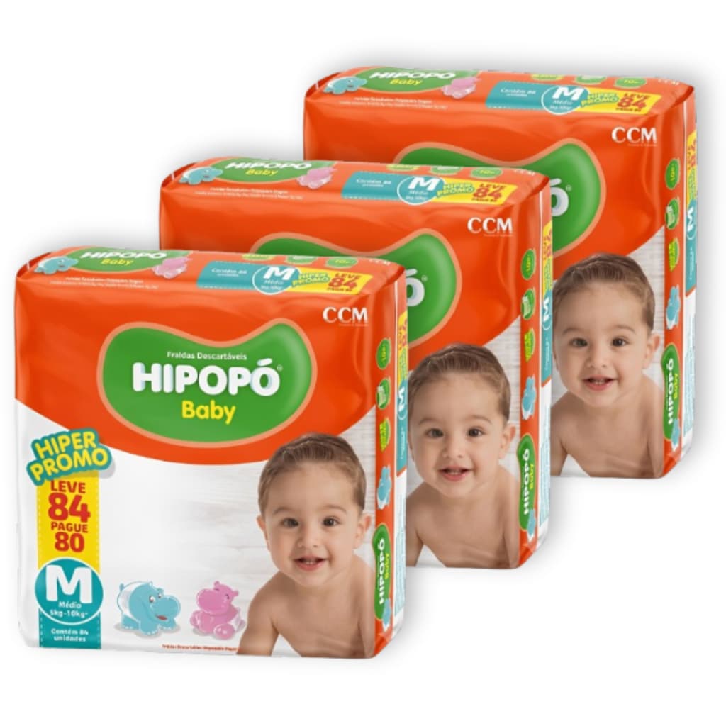 Kit 3 Fralda Descartável Hipopó Baby M Pacotão Hiper Total 252 Unid. Econômico