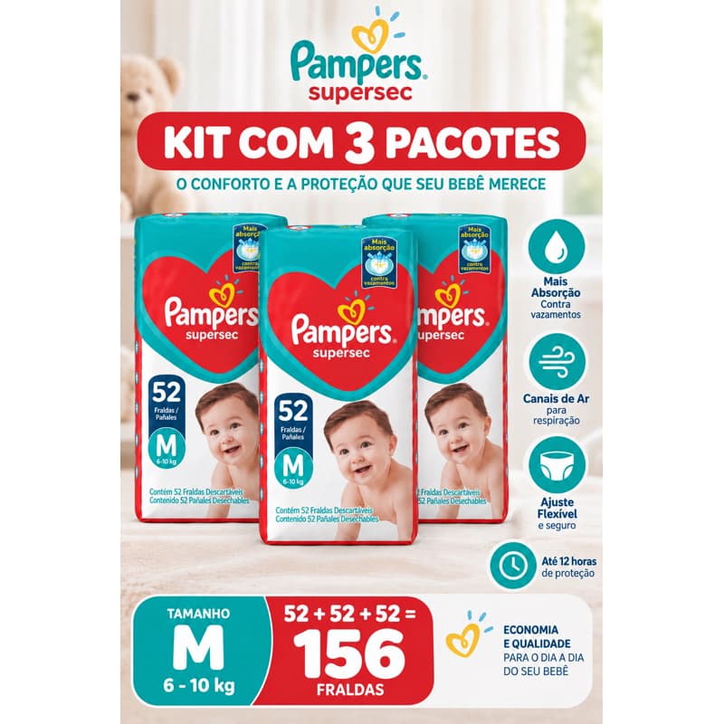 KIT 3 Pacotes de Fraldas Pampers Supersec M 156 unidades