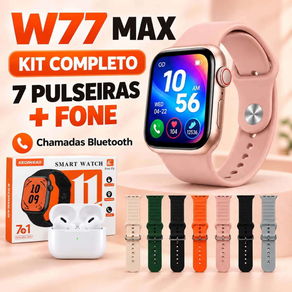 Smartwatch KW77 Max 49mm com Fone e 7 Pulseiras Chamadas Bluetooth e Notificações WhatsApp