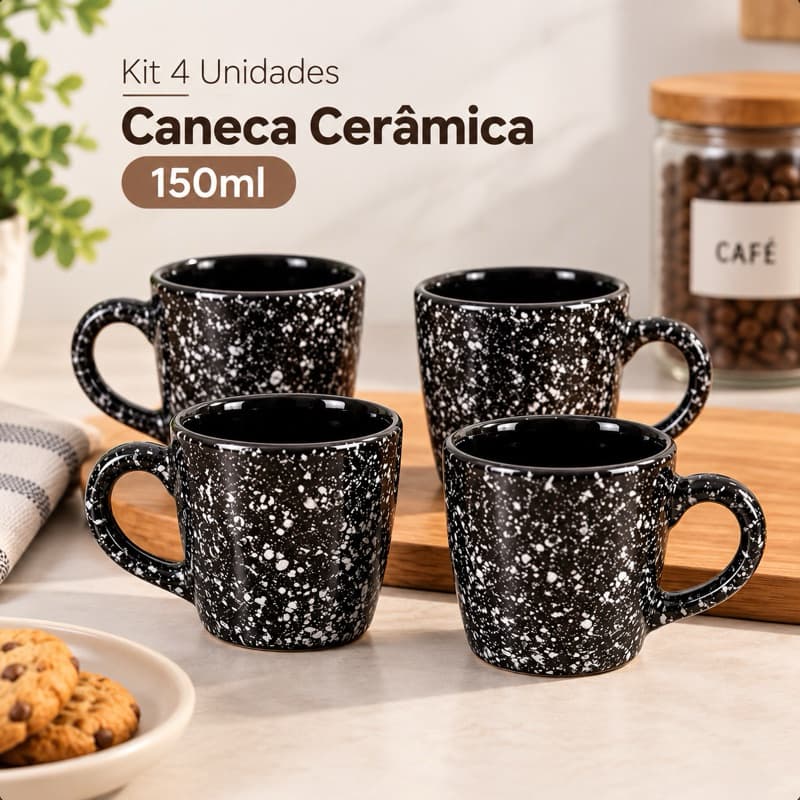 Kit 4 Caneca Ceramica Preta Small Ônix 150ml Café Chá Chocolate Luxo Orgânica