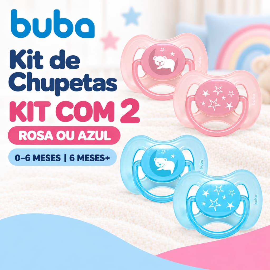 Kit 2 Chupetas Buba Comfort para Bebê 0-6 Meses ou 6 Meses+ Rosa ou Azul