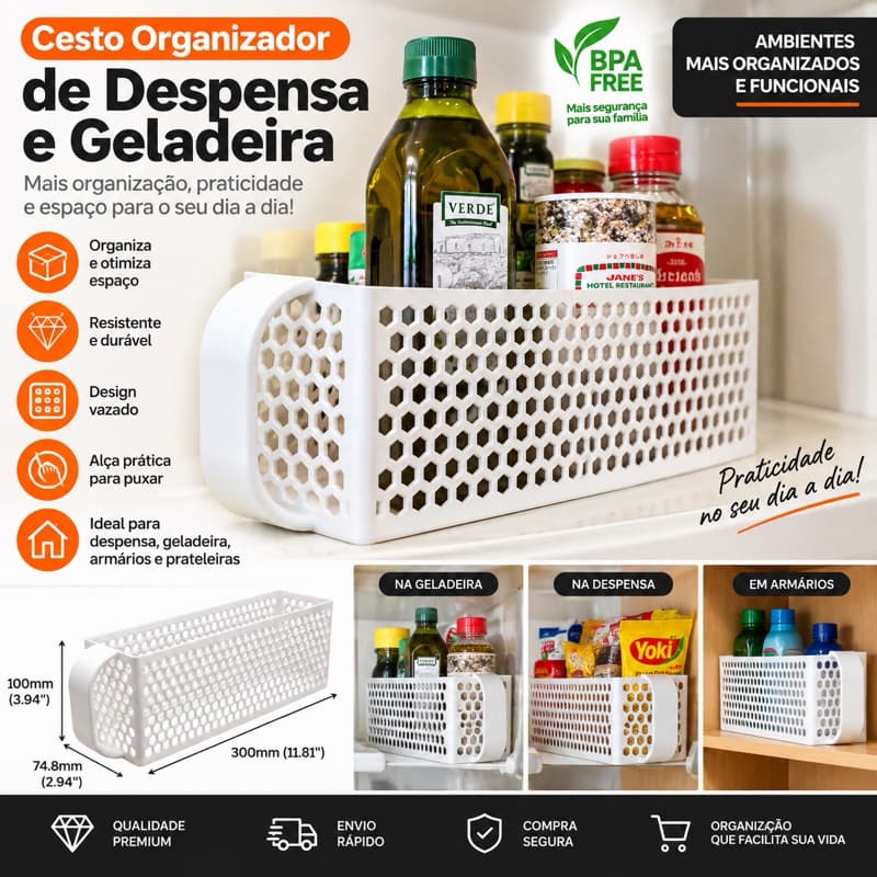 Cesto Organizador de Despensa e Geladeira com Alça Multiuso – Organizador de Cozinha, Armário e Prateleira