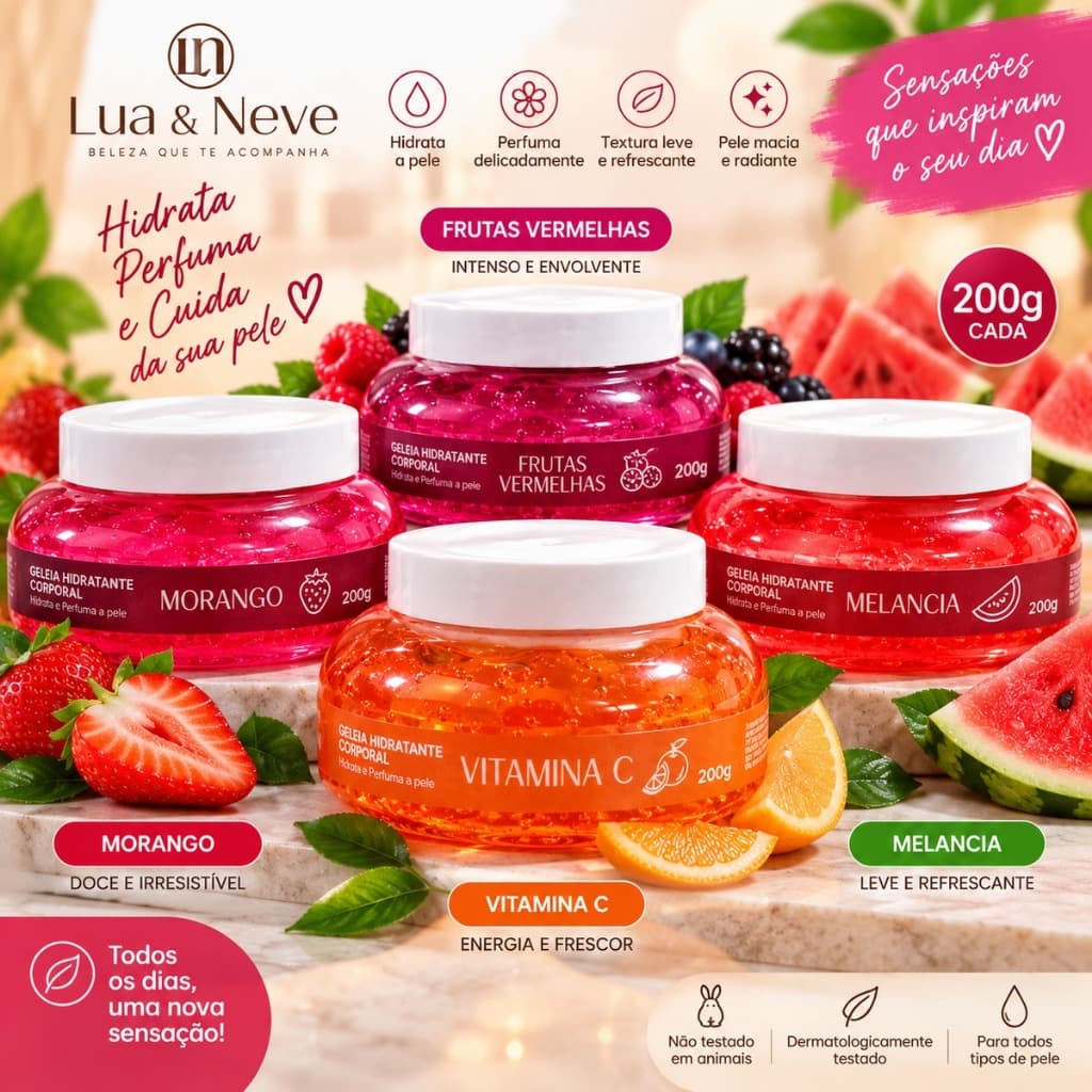 Geleia Hidratante Corporal Lua & Neve 200g Morango ou Frutas Vermelhas Hidrata e Perfuma