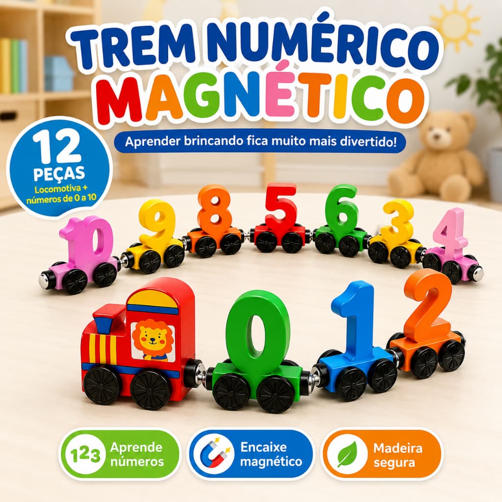 Kit Brinquedo Educativo Sensorial de Números de Madeira Colorido, Brinquedo Montessori para Bebês, Trem Magnético
